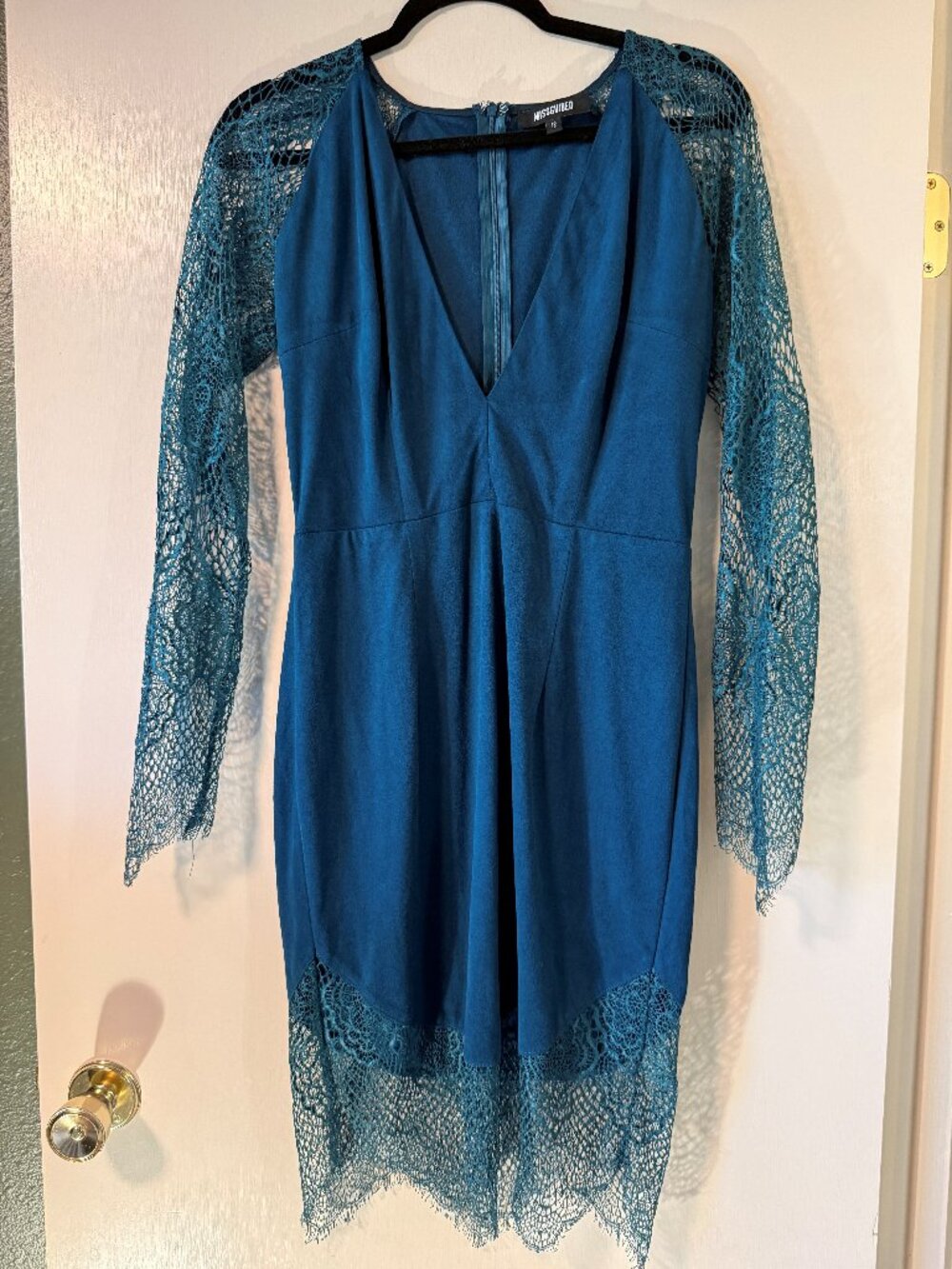 Missguided Teal Faux Suede Lace Sleeve Bodycon Mini Dress Size 12